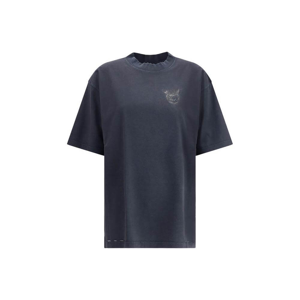 Balenciaga Oversized T-Shirt in vintage style with embroidered logo and glittered monogram, ribbed crew neck, and comfy fit.