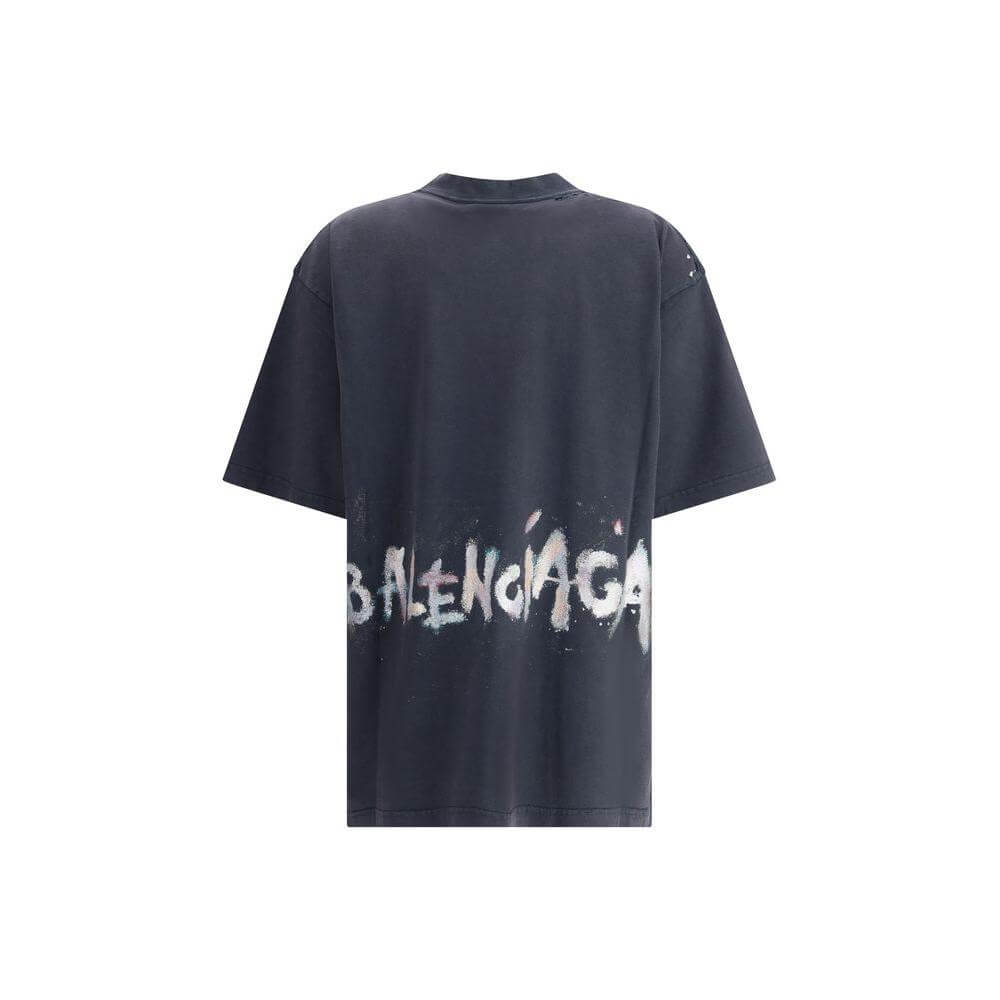 Balenciaga oversized T-shirt with vintage-style, ribbed neck, embroidered logo, and glitter monogram on the back for a modern look.