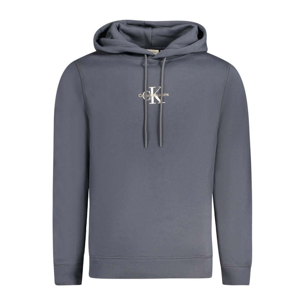 Calvin Klein blue cotton men’s sweater with logo embroidery, long sleeves, and hood, made sustainably in Egypt.