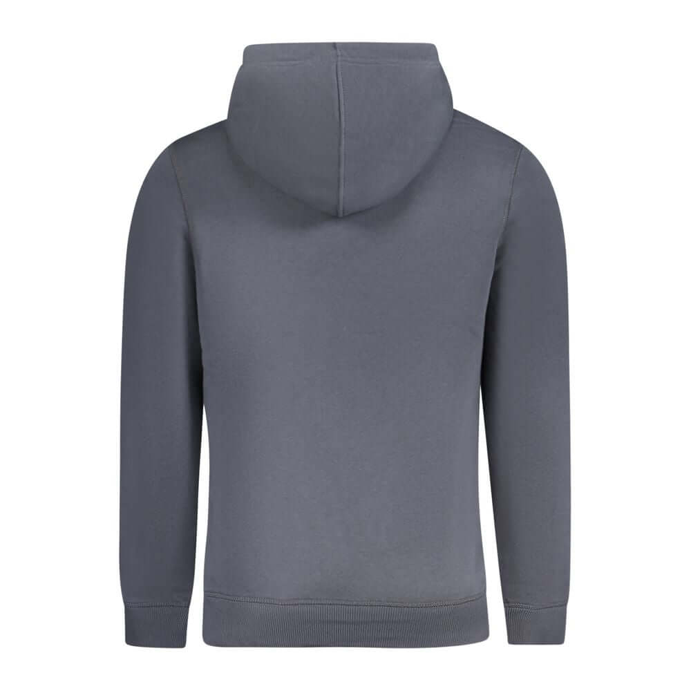 Back view of Calvin Klein blue cotton men's sweater with hood, showcasing stylish design and sustainable material blend.