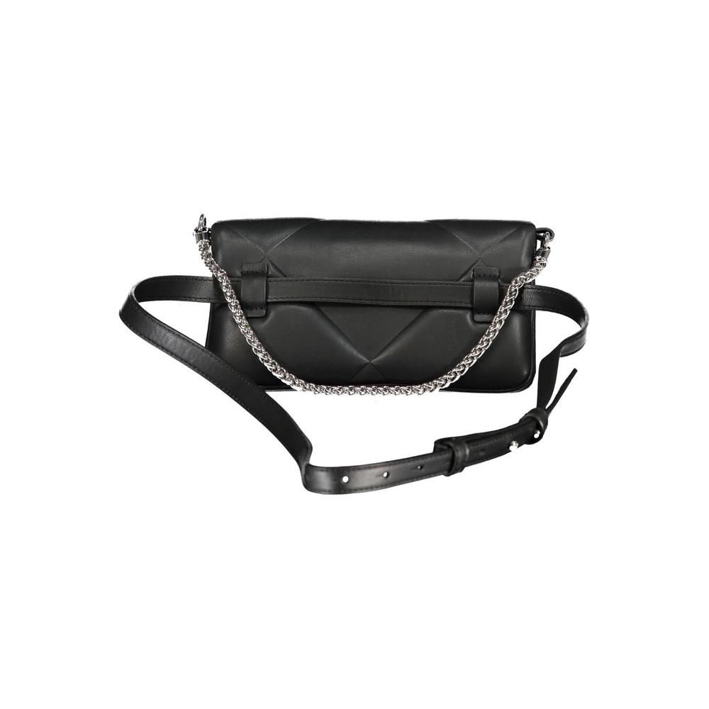 Calvin Klein black cotton handbag with chain shoulder strap, adjustable belt, contrasting details, and magnetic closure, made of 50% recycled polyester.