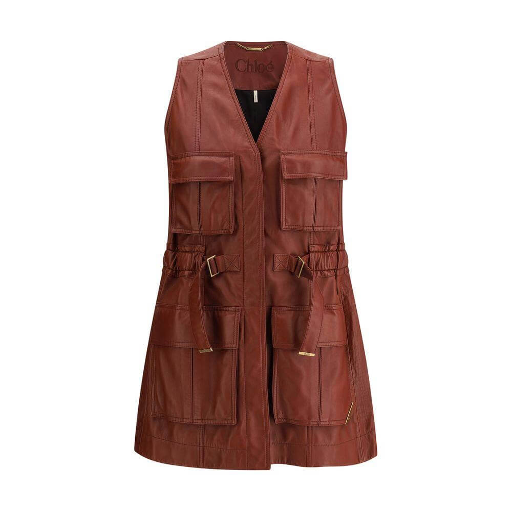 Chloé leather vest with V-neckline, concealed buttons, and four flap pockets, featuring a metal logo triangle on soft leather.