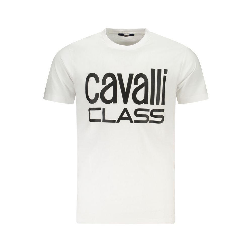 Cavalli Class white cotton men's T-shirt with bold logo, crew neck, short sleeves, and striking design.