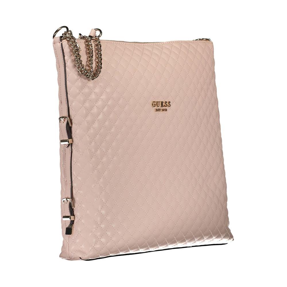 Guess Jeans pink handbag with dual chain shoulder handles and quilted design for women, features external and internal pockets