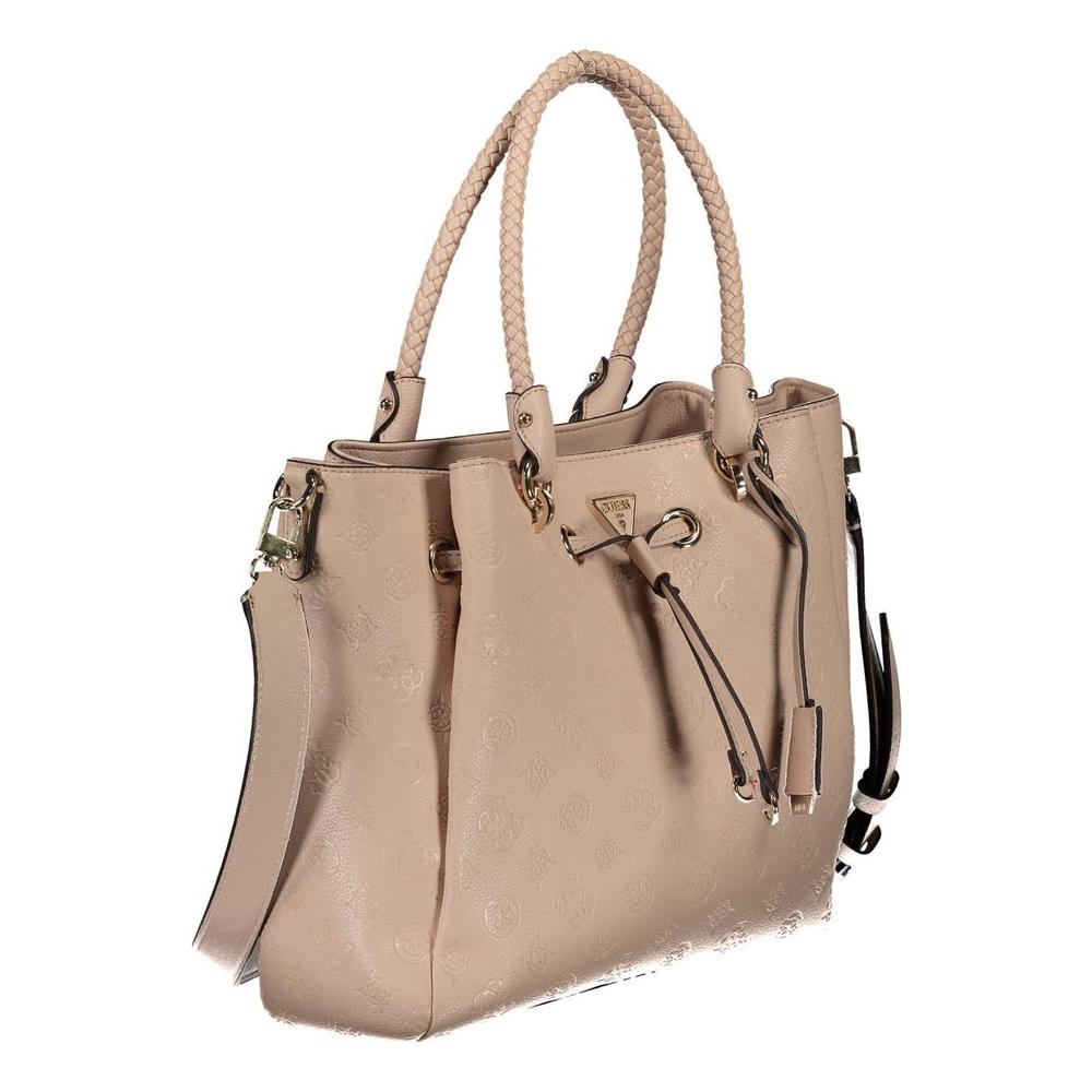 Pink Guess Jeans handbag with dual shoulder handles and adjustable strap, featuring contrasting details and smart pockets for essentials.