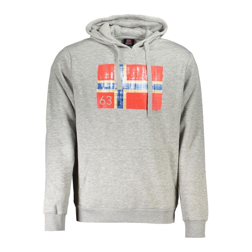 Gray hooded sweatshirt with Norway 1963 logo, crafted from cotton-polyester blend for comfort and style, featuring central pocket.