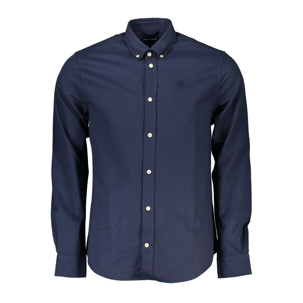 North Sails blue cotton men's shirt, long-sleeved with button-down collar, sustainable fabric, classic fit for smart-casual style.
