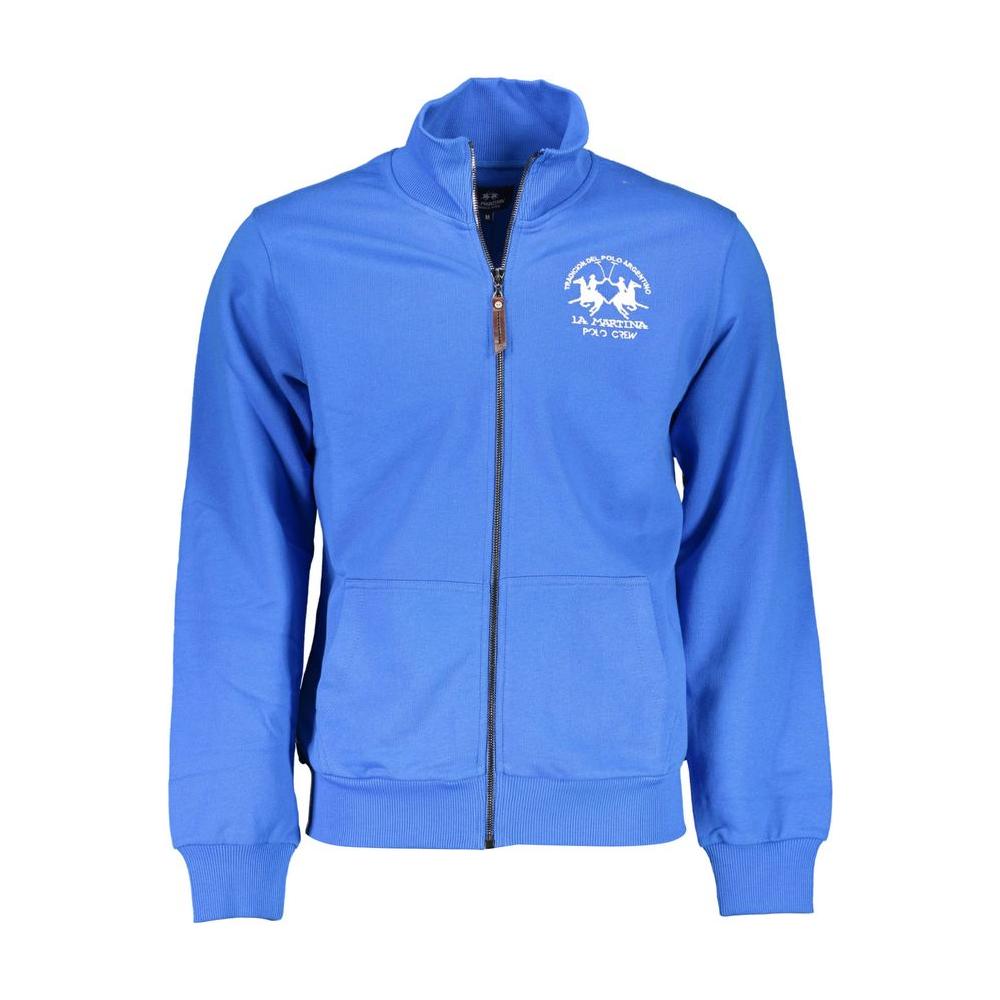 La Martina blue cotton men’s sweater with logo embroidery, zip-up design, long sleeves, and pockets, made in Italy.