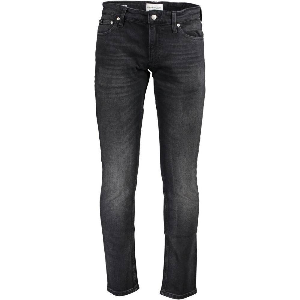 Calvin Klein black cotton jeans with slim fit, 5 pockets, washed effect, zip and button closure, featuring logo on waistband.