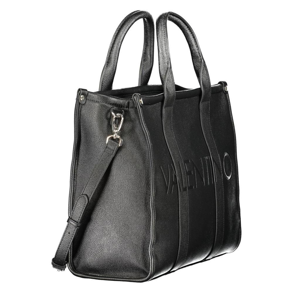 Valentino black polyethylene handbag with dual handles, removable straps, zipper closure, logo detail, and internal pockets.