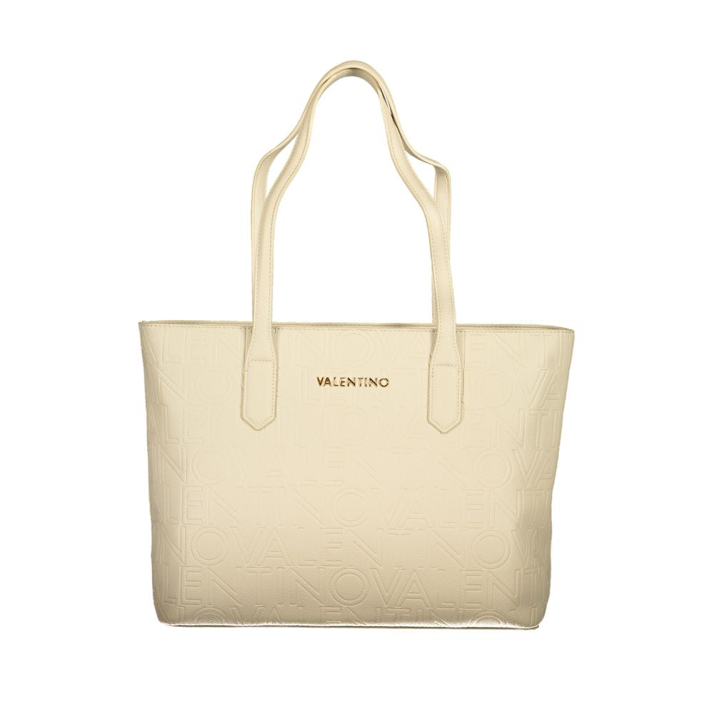 Valentino beige polyethylene handbag with two handles, zip closure, internal pockets, and logo detailing.