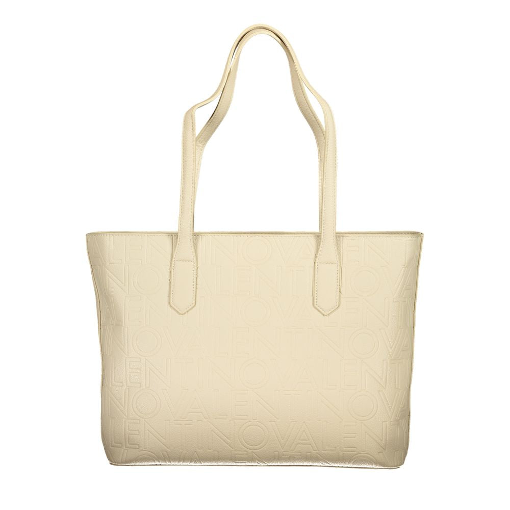 Valentino beige polyethylene handbag with two handles, internal pockets, contrasting details, zip closure, and logo design.