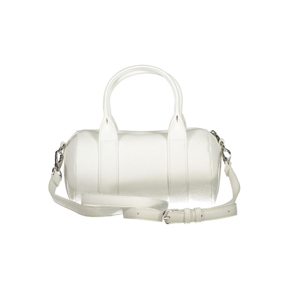 Valentino Bags white polyethylene handbag with handles, adjustable straps, internal pockets, zip closure, and recycled material logo.