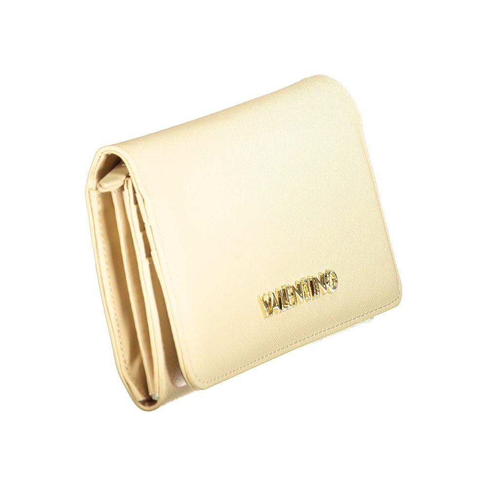 Valentino beige polyethylene wallet with three compartments, coin purse, card slots, and zip closure, featuring a gold logo.