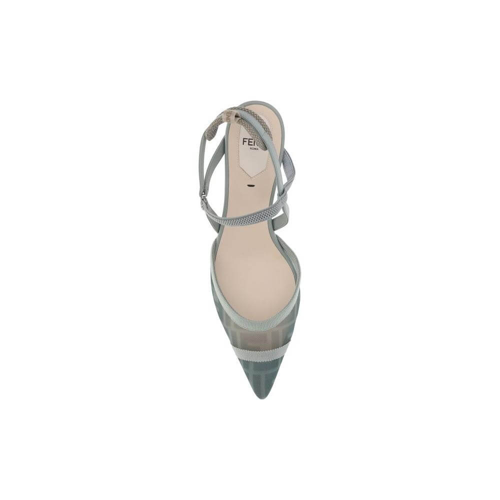 Top view of Fendi Colibri Lite slingback pumps with semi-transparent pointed toe, FF motif, and low stiletto heel.