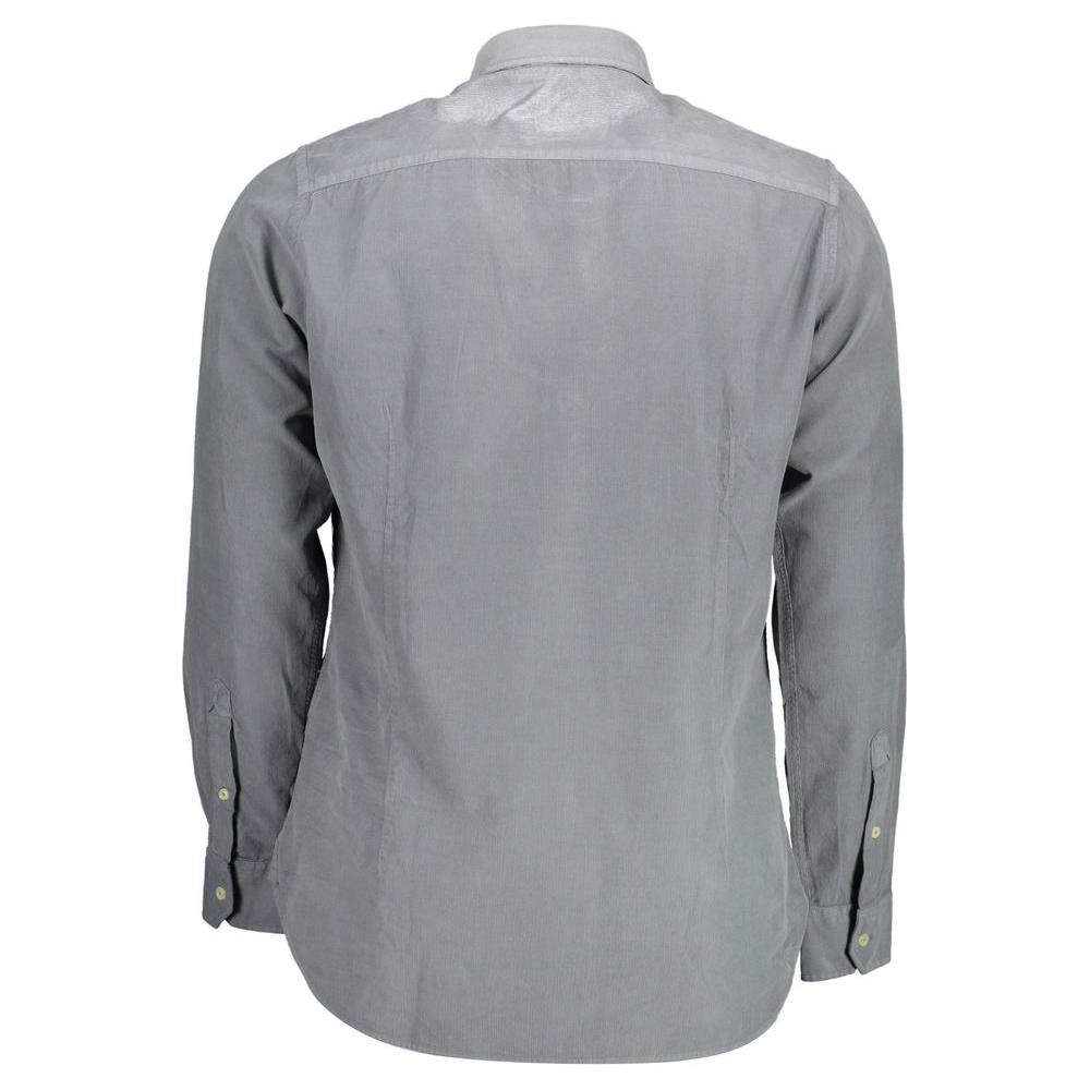 Back view of U.S. POLO ASSN. blue cotton men's shirt, featuring long sleeves and a stylish French collar. Slim fit, ideal for smart-casual wear.