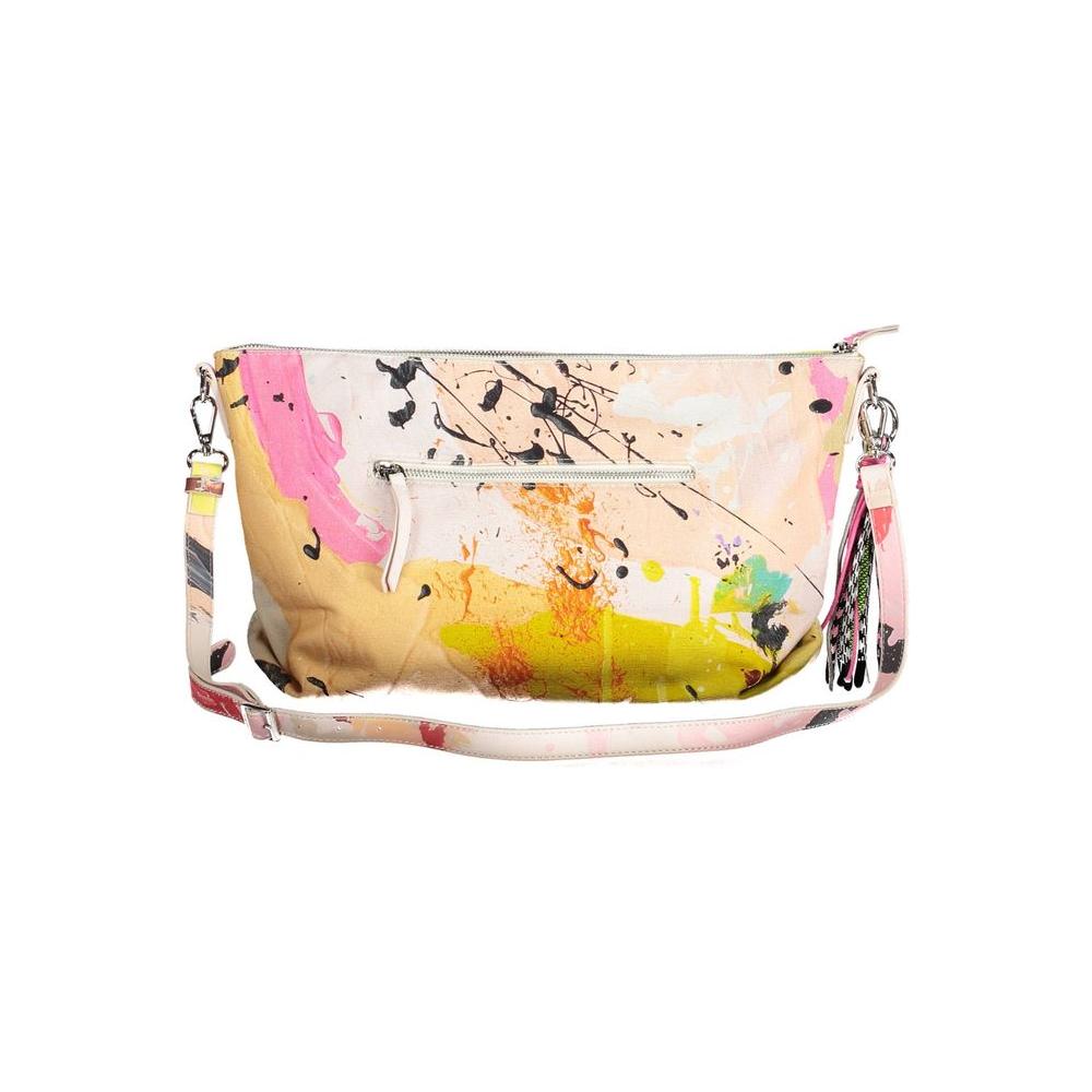 Colorful abstract design women's handbag with adjustable strap and external pocket.