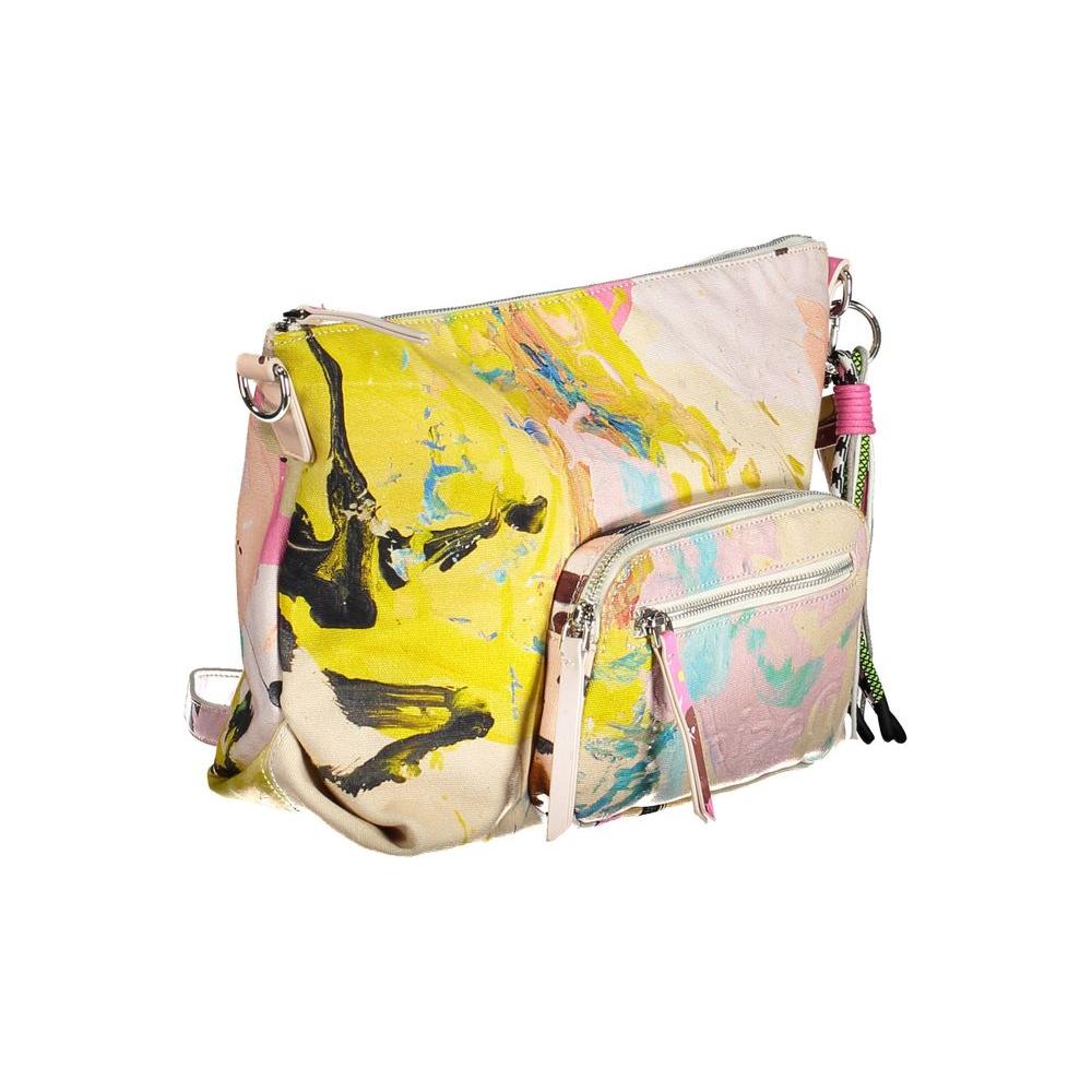 Desigual white polyester women's handbag with colorful abstract design, featuring two external pockets and adjustable shoulder strap.