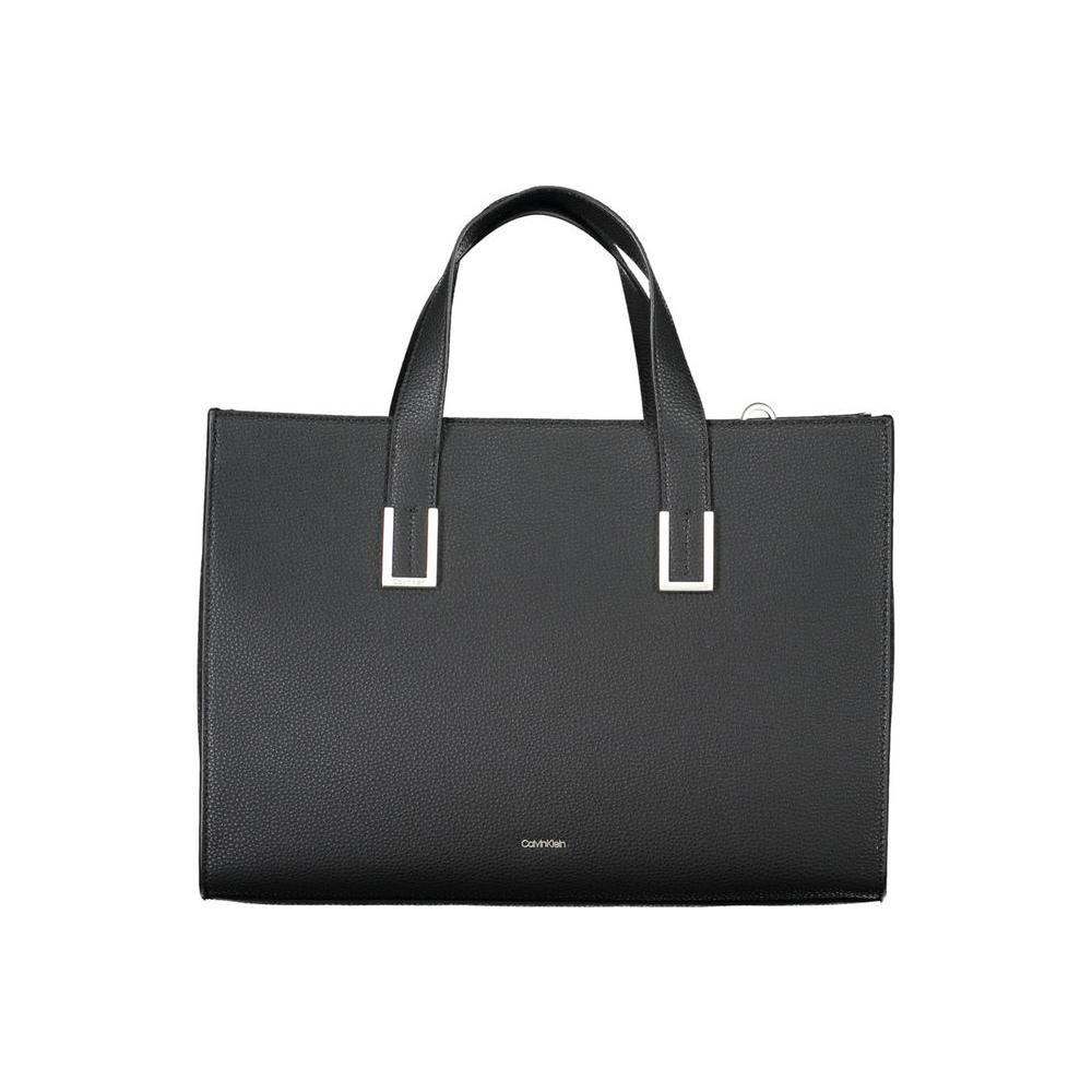 Calvin Klein black polyester handbag with dual handles and adjustable shoulder strap, eco-conscious design for women.