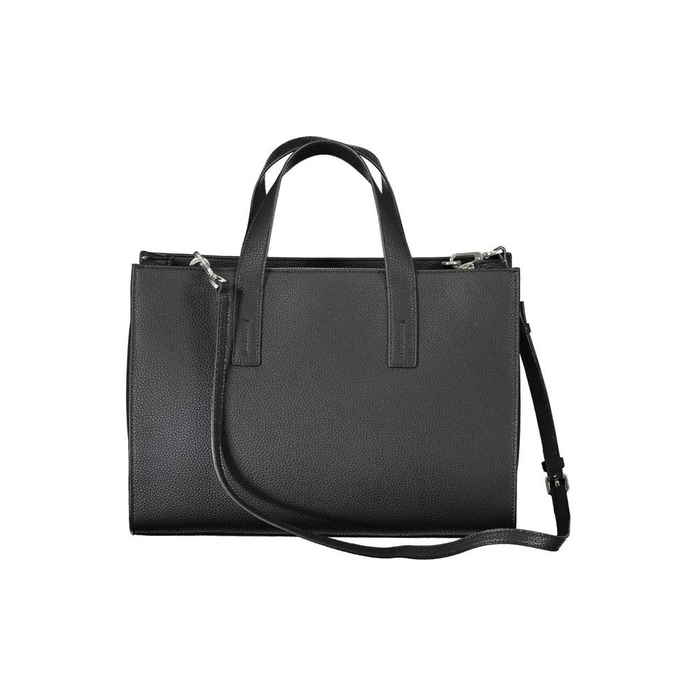 Calvin Klein black polyester women's handbag with dual handles and adjustable strap, featuring a sleek, eco-conscious design.