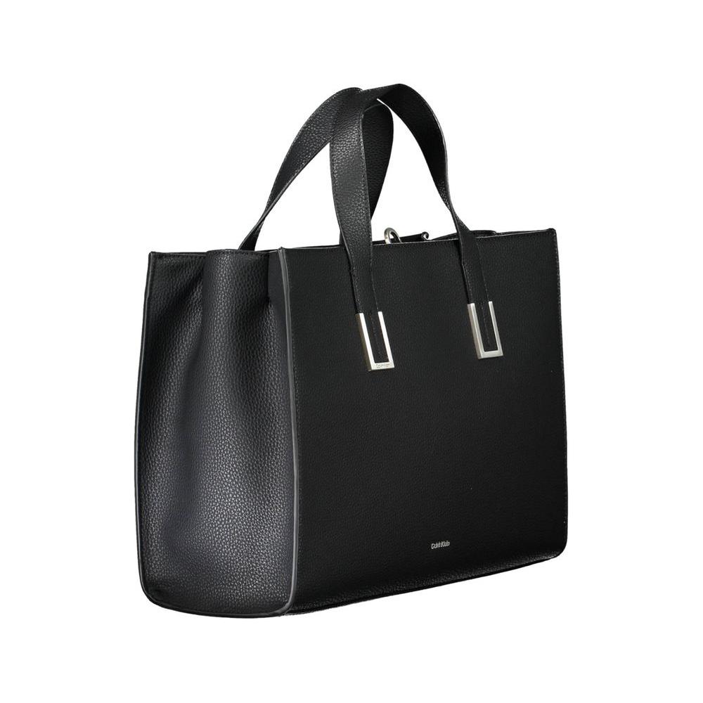 Calvin Klein black polyester women's handbag with dual handles, eco-conscious design, and adjustable strap.