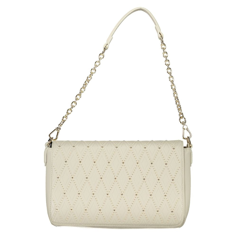 Valentino white polyethylene handbag with chain shoulder handle and adjustable strap, featuring internal pockets and logo detailing.