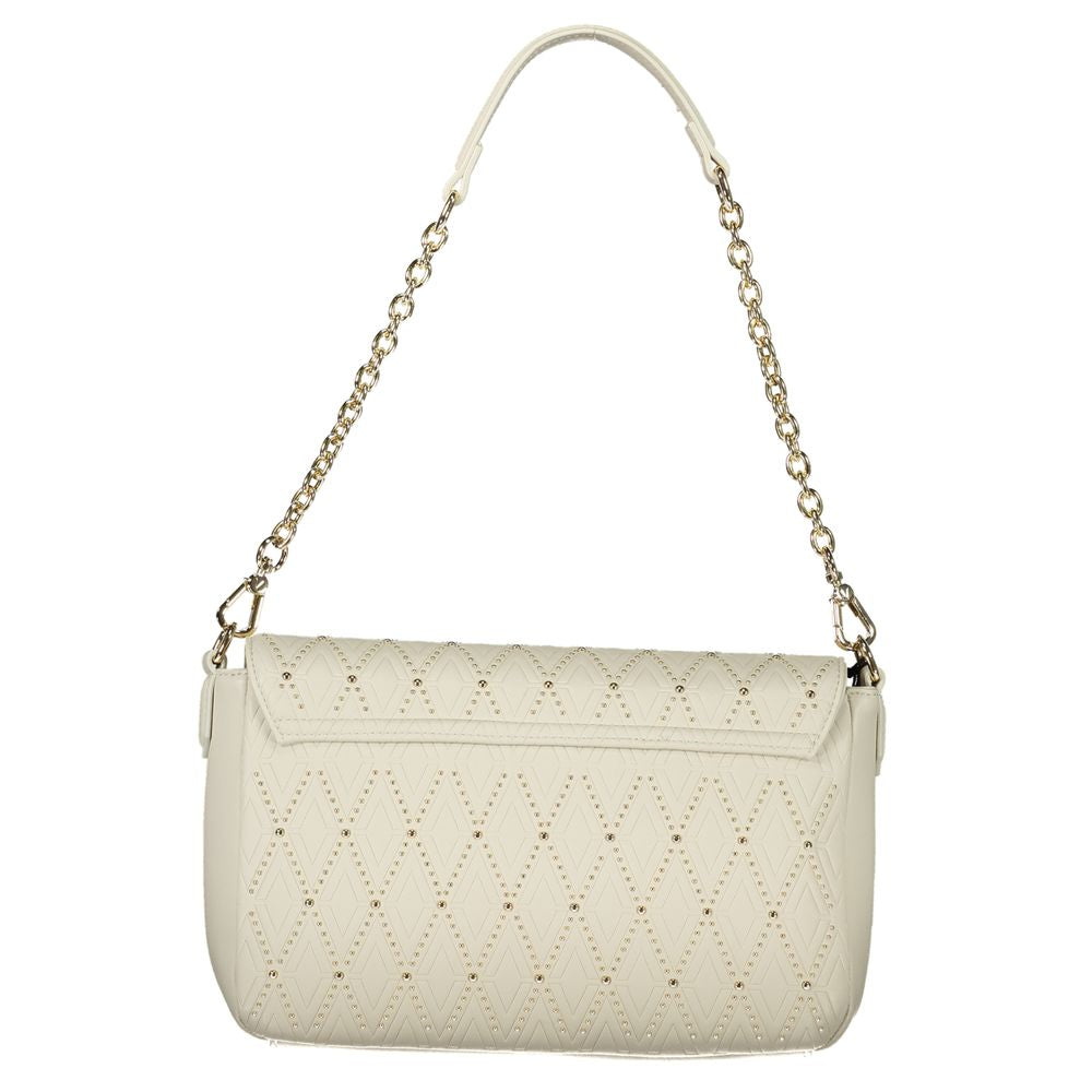 Valentino white polyethylene handbag with removable chain shoulder handle, adjustable strap, internal pockets, and logo detail