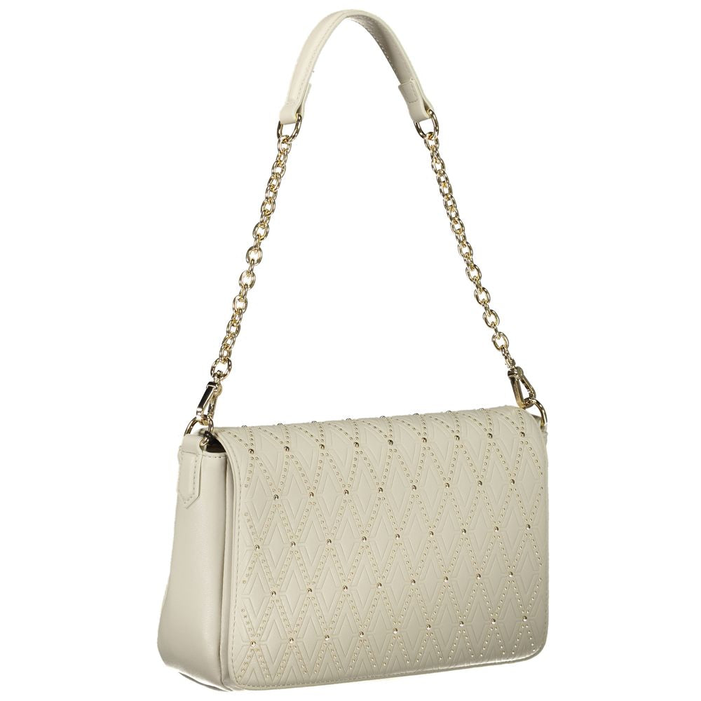 Valentino Bags white polyethylene handbag with chain handle, adjustable strap, two pockets, contrast details, and logo accents.