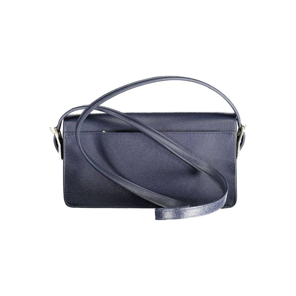 Tommy Hilfiger blue polyethylene handbag with adjustable strap and exterior pocket, viewed from back.