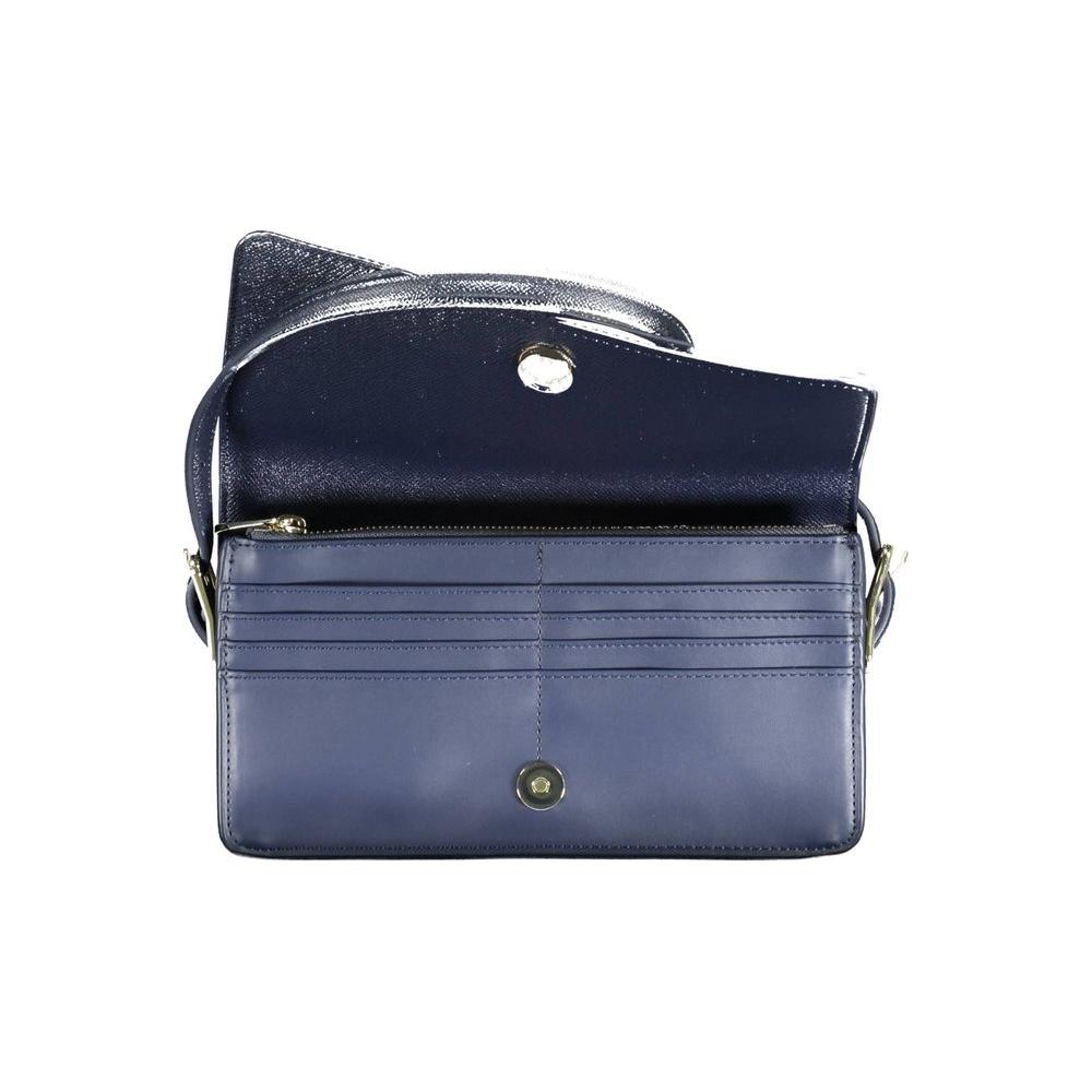 Tommy Hilfiger blue polyethylene women's handbag with strap and pocket, open view showing interior compartments and card space.