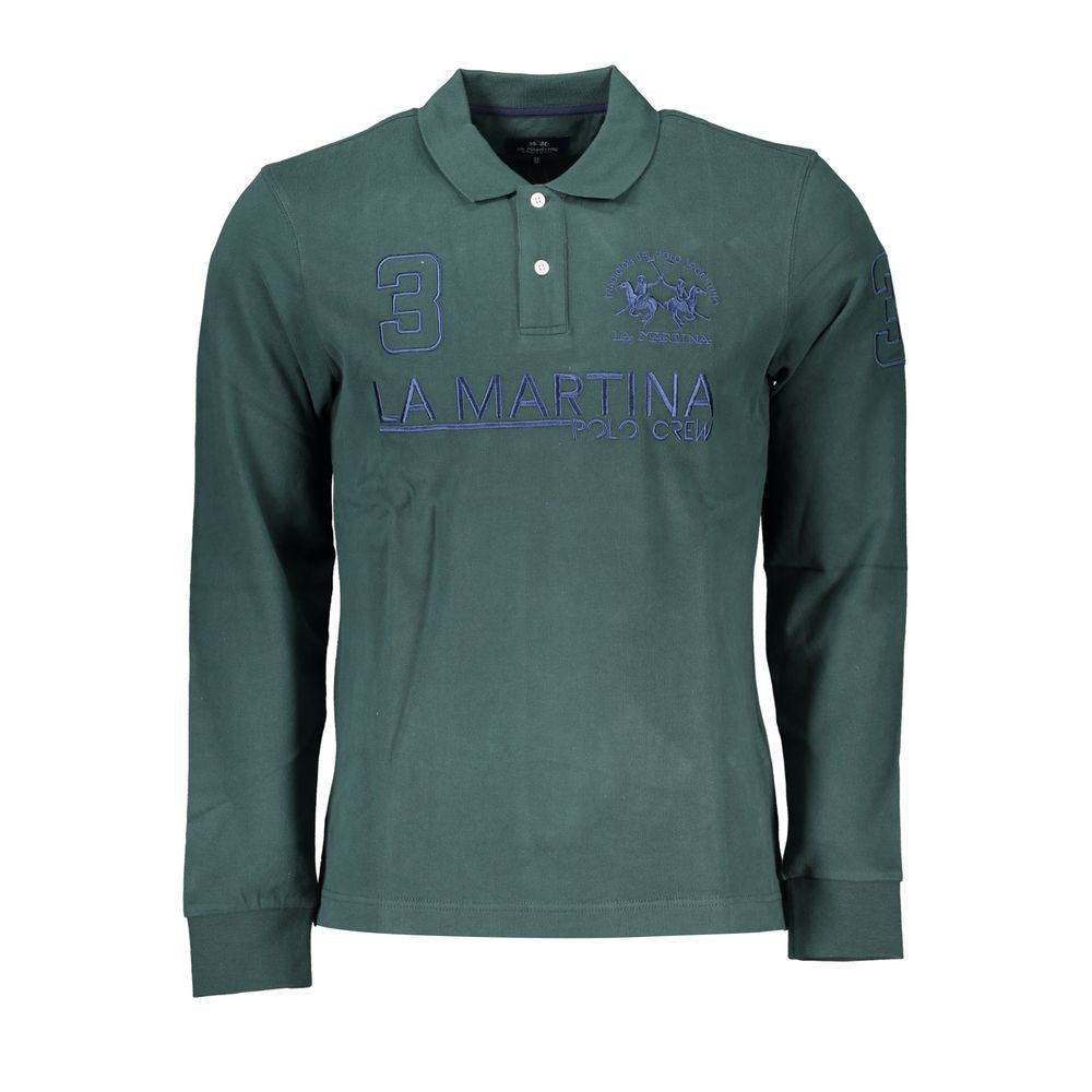 La Martina classic green polo shirt with embroidery detail, two-button placket, and logo. 100% cotton for comfort and style.