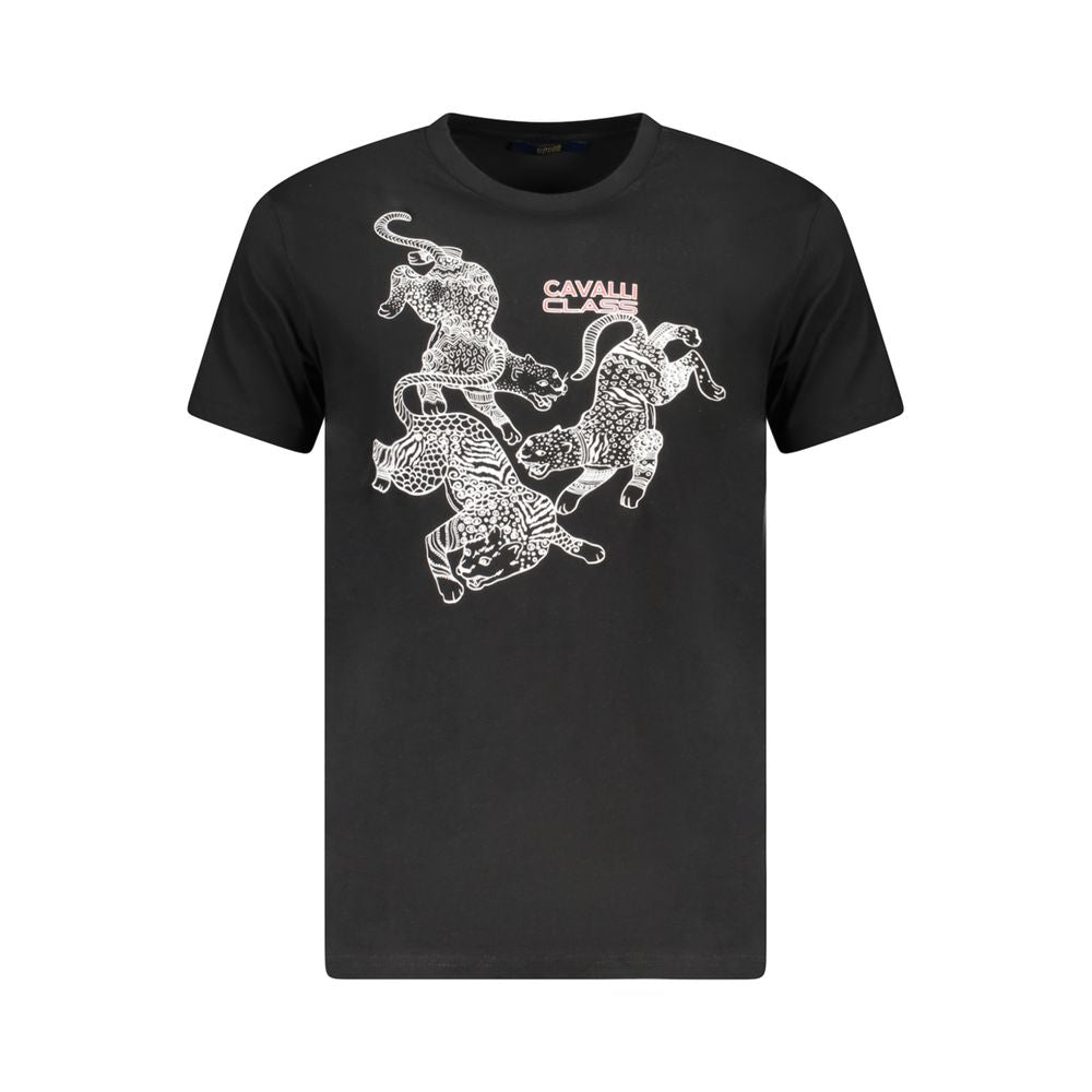 Cavalli Class black cotton men's t-shirt with bold graphic print and logo, showcasing luxury fashion and comfort.