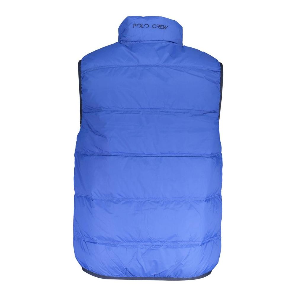 Back view of La Martina blue polyamide men's sleeveless jacket with embroidery and sleek design.