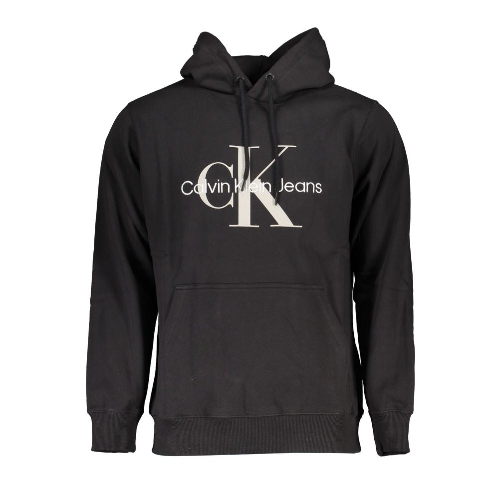 Calvin Klein black hooded sweatshirt with logo, made from 100% organic cotton, featuring a central pocket and cozy fleece interior.