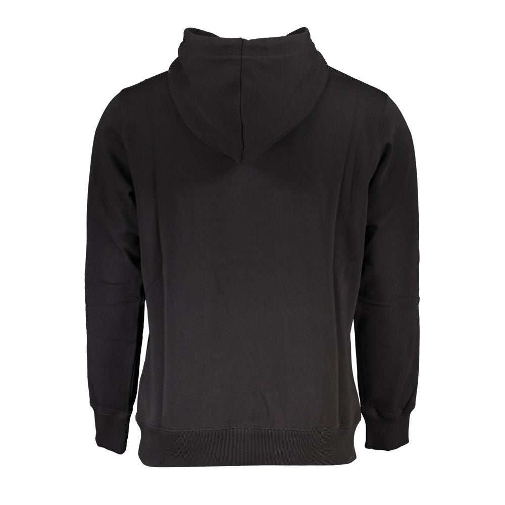 Back view of Calvin Klein sleek organic cotton hooded sweatshirt in black, showcasing cozy material and stylish hood design.