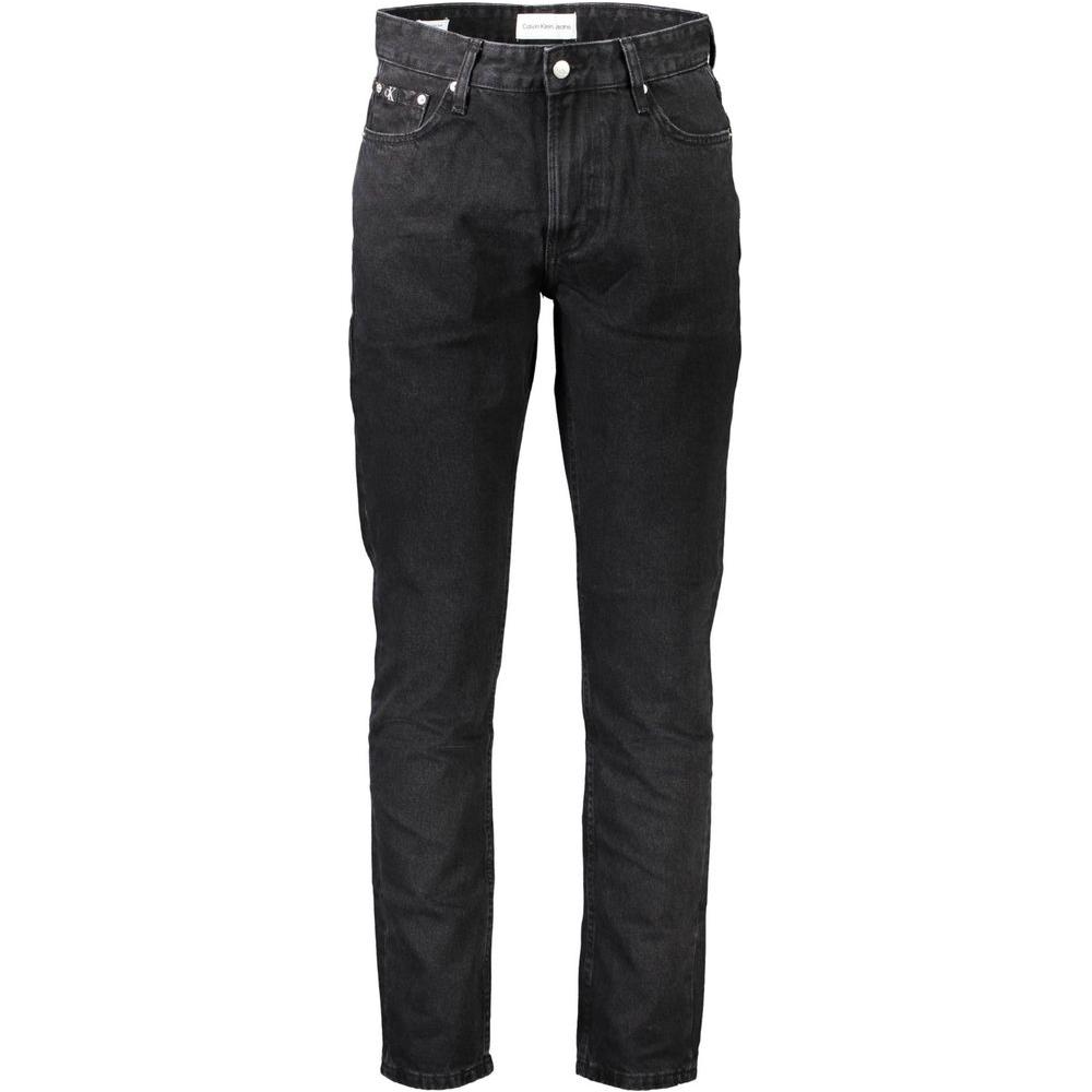 Calvin Klein black cotton jeans with 5 pockets, button and zip closure, contrast details, and logo application.