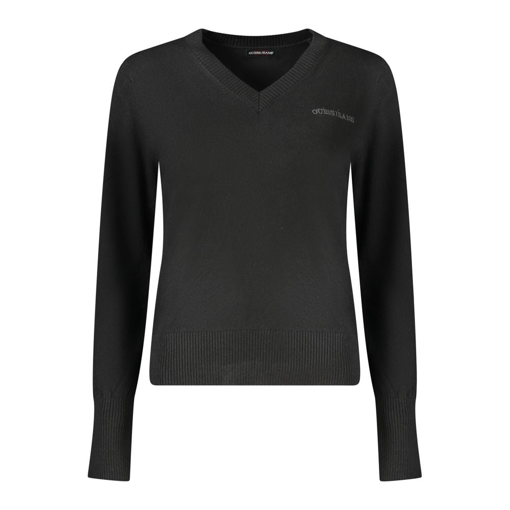 Guess Jeans Black Polyester Women Sweater, long-sleeved V-neck with embroidery and logo, chic and elegant fashion-forward design.