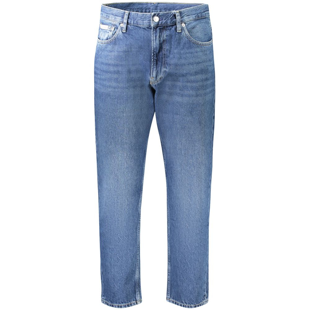 Calvin Klein blue cotton men's jeans with classic five pockets and washed effect, featuring signature logo for modern casual style.