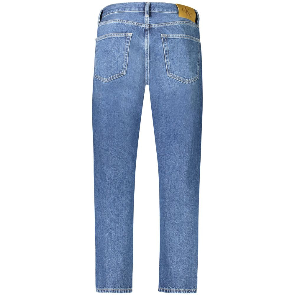 Back view of Calvin Klein Men's Blue Cotton Jeans with signature logo and five-pocket design, showcasing washed denim style for modern fashion.