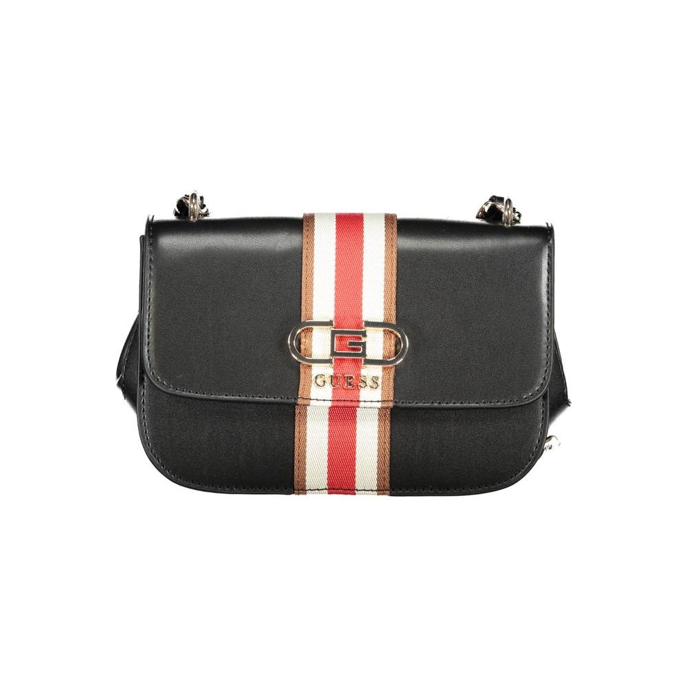 Guess Jeans black polyethylene handbag with adjustable chain strap, external and internal pockets, logo, snap closure, contrast details