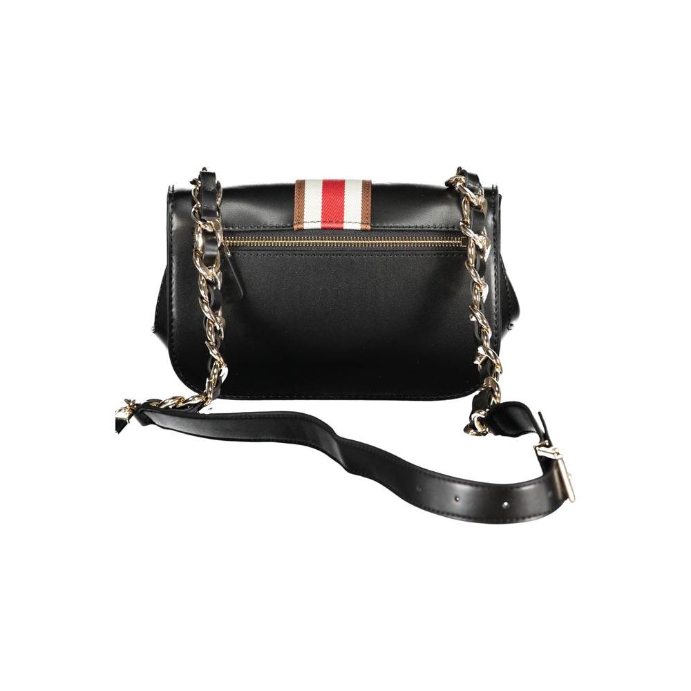 Guess Jeans black polyethylene handbag with adjustable chain strap, displaying external pocket and snap closure.