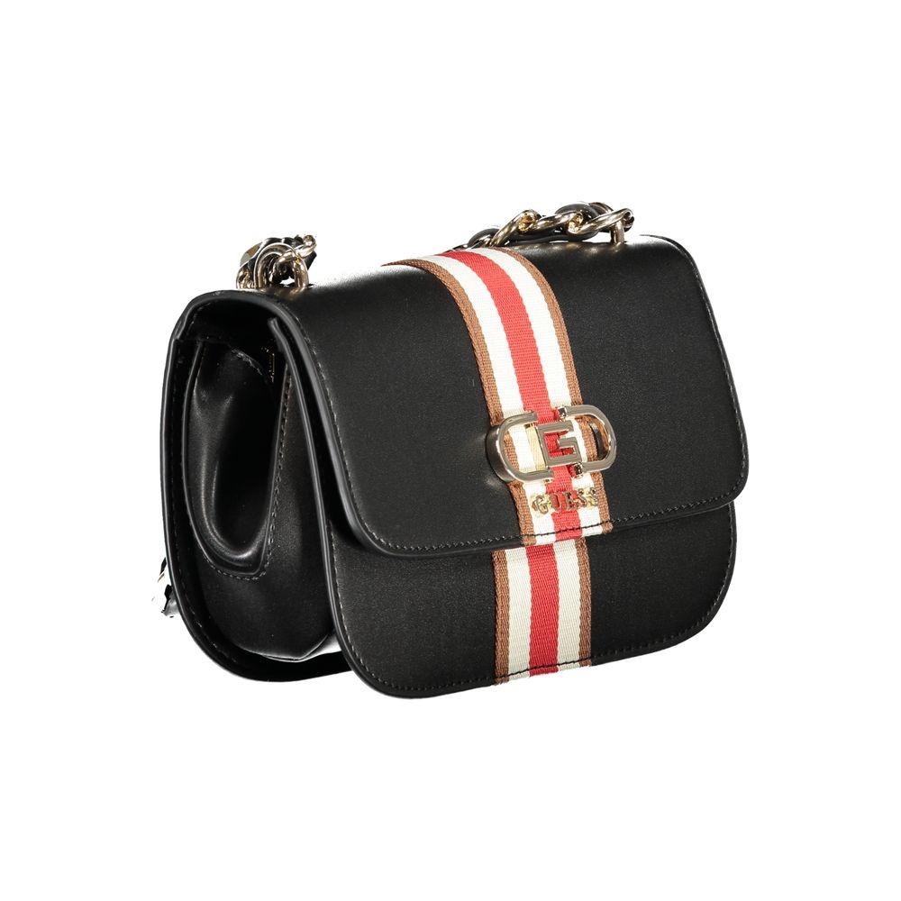 Guess Jeans black polyethylene handbag with adjustable chain shoulder strap, contrast details, and logo on front.