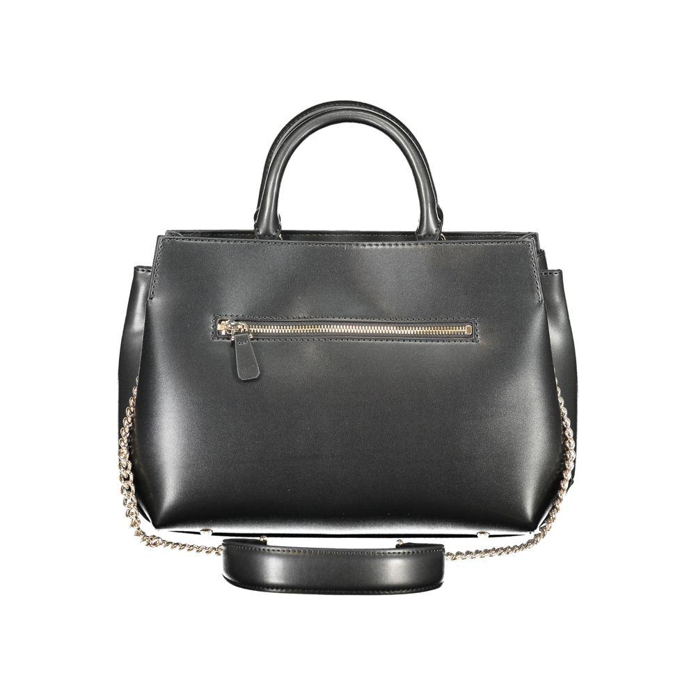 Guess Jeans black polyethylene handbag with dual handles and chain shoulder strap, featuring elegant design and front zipper detail.