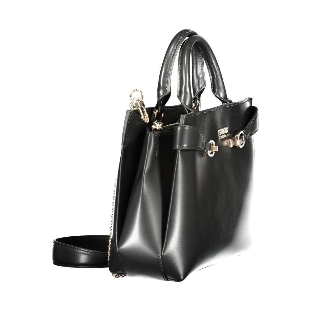 Guess Jeans black polyethylene women's handbag with dual handles and removable chain strap, epitomizing chic sophistication.