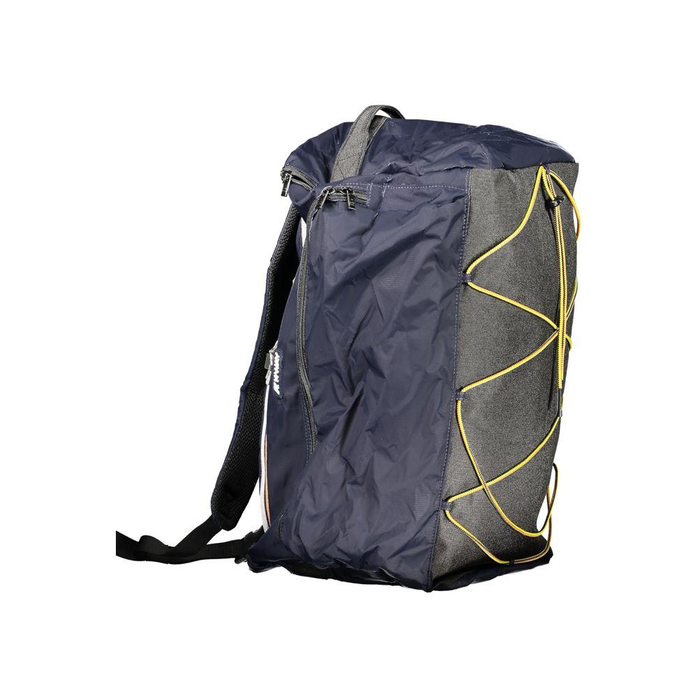 K-WAY blue polyester sports bag, convertible into a backpack with yellow contrast details, zip closure, and multiple pockets.