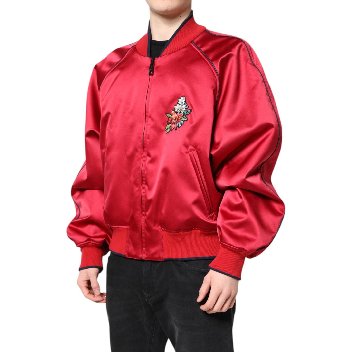Dolce & Gabbana Red Floral Patch Full Zip Men Bomber Jacket JKT41417-54