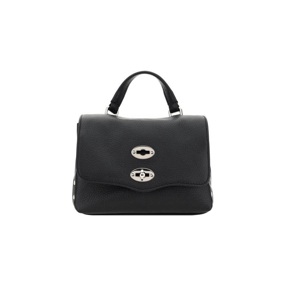 Zanellato Postina Daily Shoulder Bag in black grained leather with silver hook-and-eye closure and adjustable strap