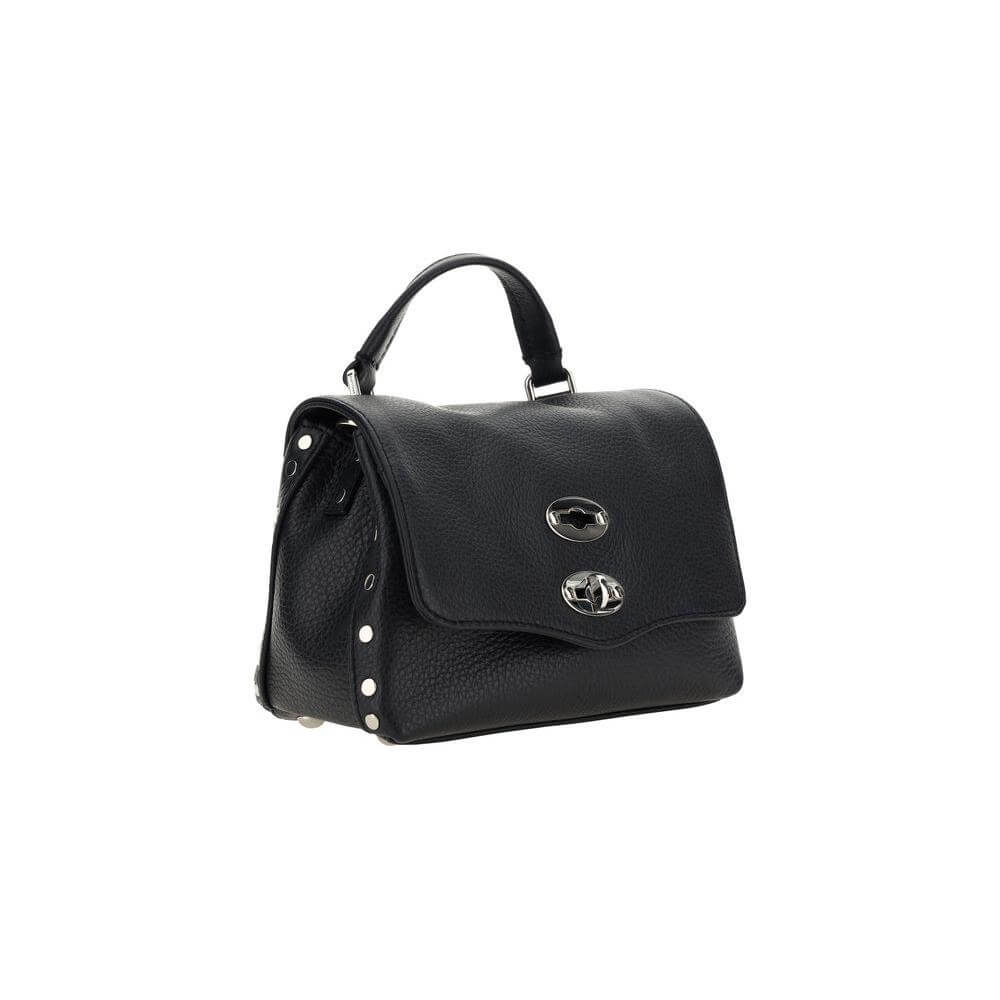 Zanellato Postina Daily Shoulder Bag in black grained calfskin with hook closure, metal studs, and adjustable strap.