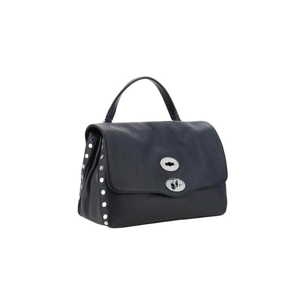 Zanellato Postina Daily Shoulder Bag in black calfskin with studs and dual interior compartments, featuring a leather handle and strap.