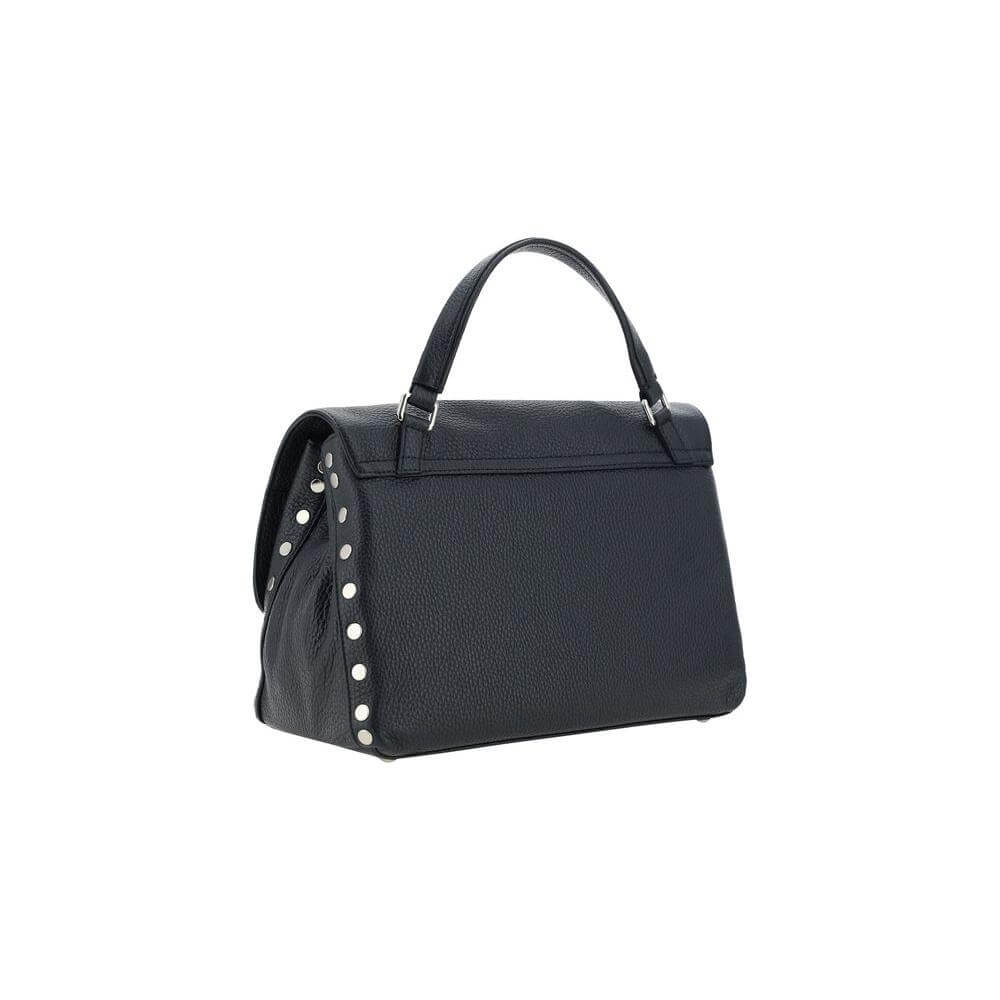 Zanellato Postina Daily Shoulder Bag in black calfskin with flat studs, leather top handle, adjustable strap, and spacious compartments.